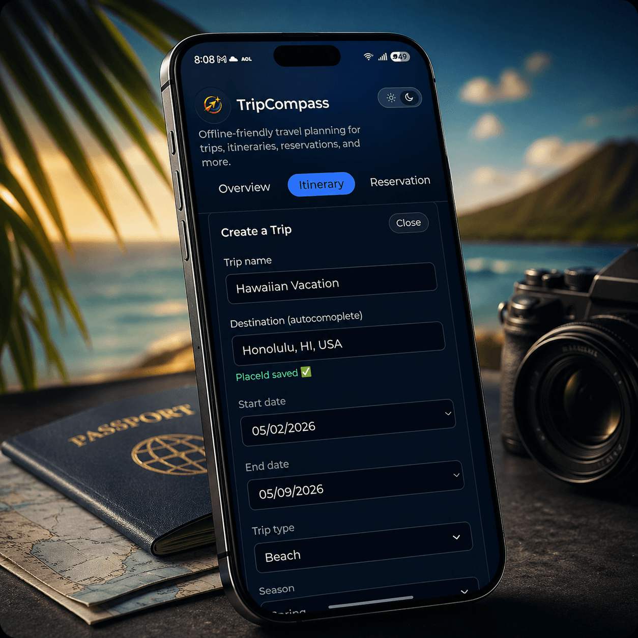 Smartphone displaying TripCompass travel app with Hawaiian vacation details, set against a tropical beach scene.
